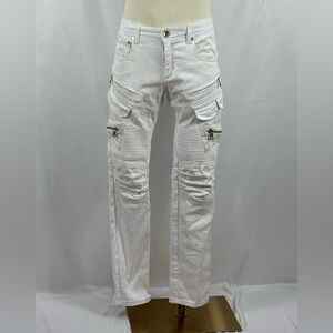 Men’s White Cargo Moto Pants with Detailing Size 32 L, 30 W